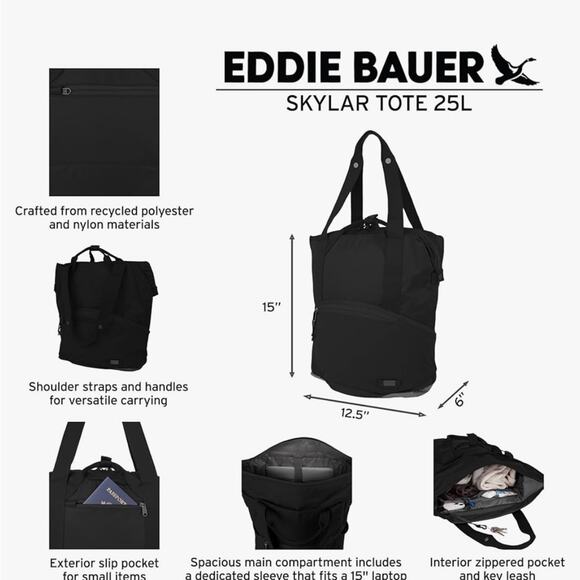 NWT Eddie Bauer Black Water Resistant Tote Bag - Picture 14 of 14